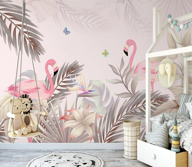 Flamants et papillons dans un intérieur