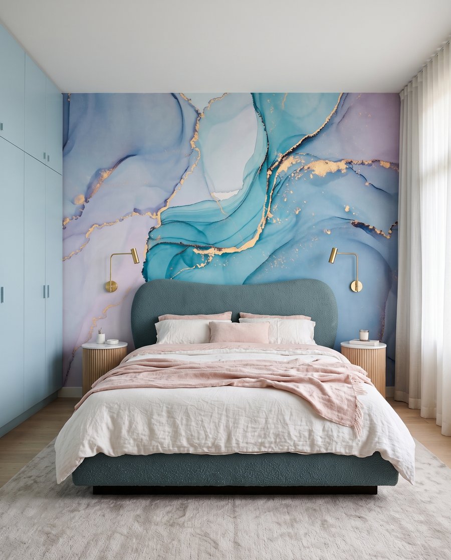 Bleu tendre et or dans un intérieur