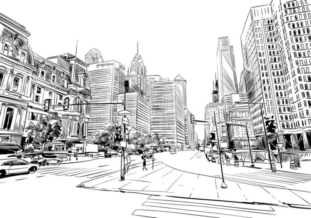 Croquis d’une rue animée — motif complet