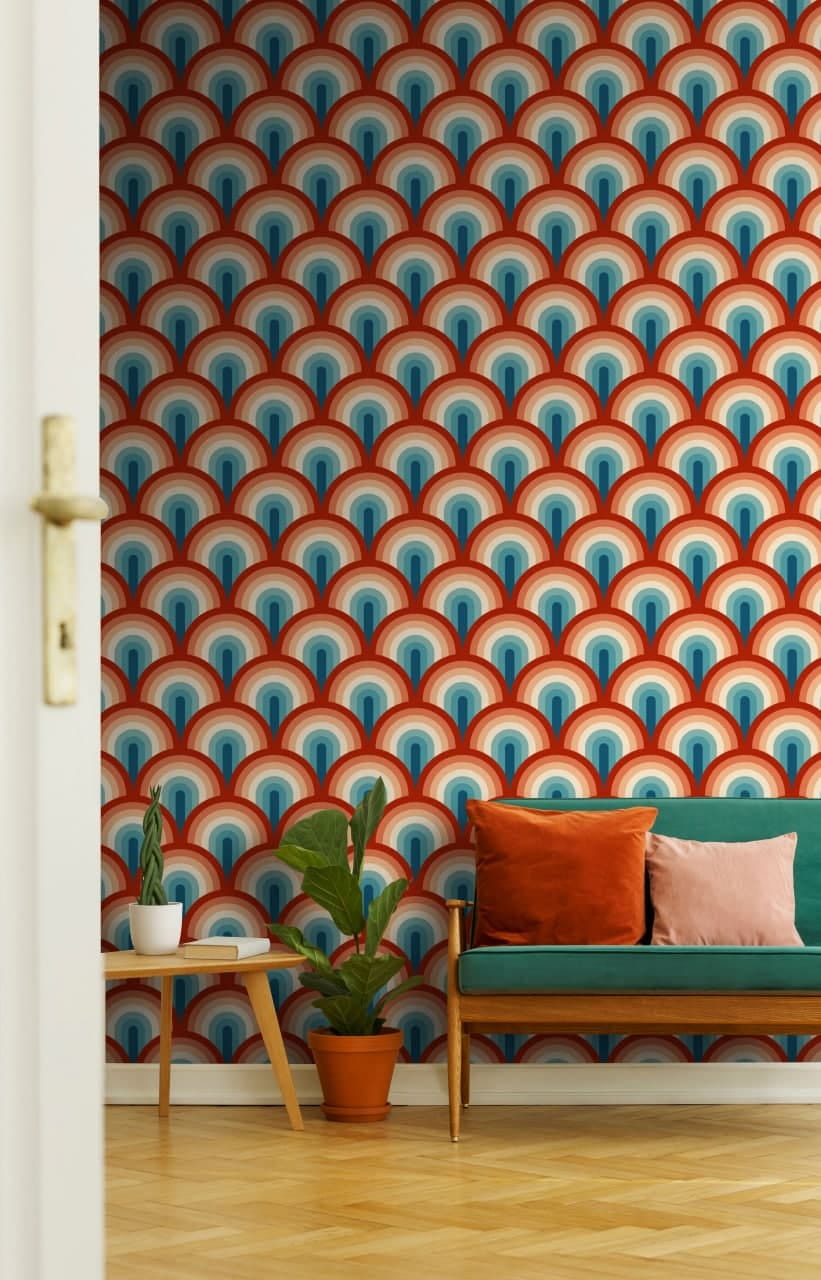 Éventails turquoise et orange dans un intérieur