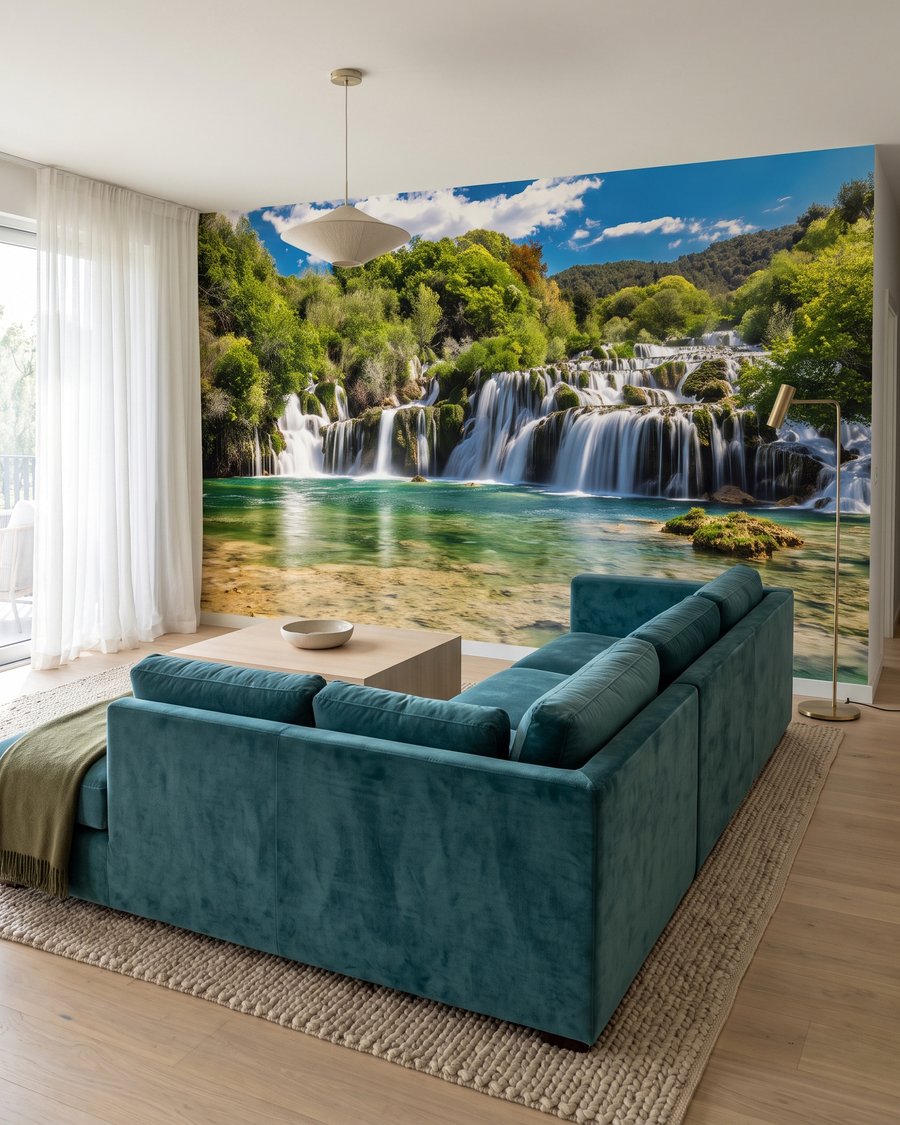 Bassin vert et cascades dans un intérieur