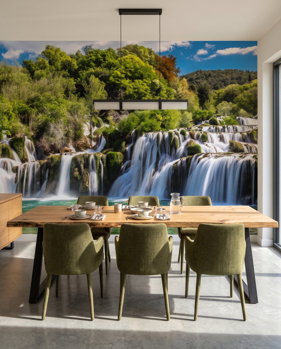Bassin vert et cascades dans un intérieur