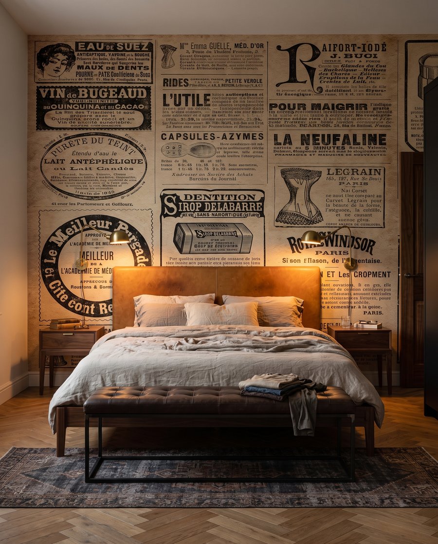 Page de réclames anciennes dans un intérieur