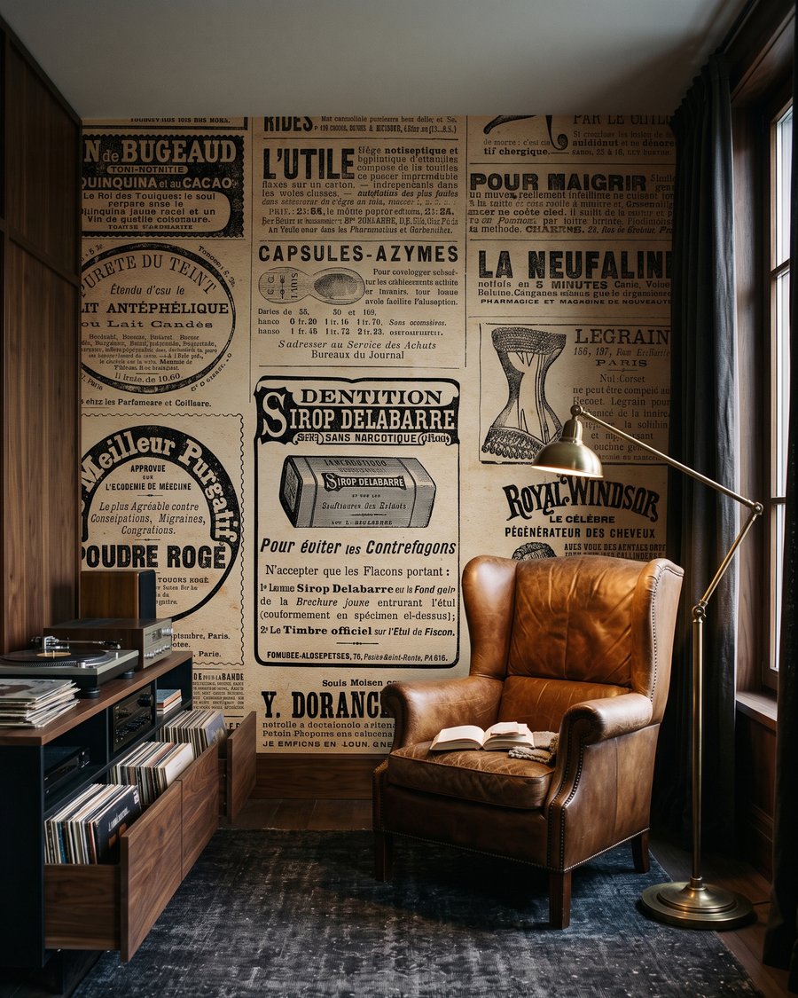 Page de réclames anciennes dans un intérieur