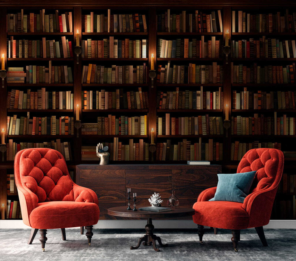 Bibliothèque dans l’ombre chaude dans un intérieur