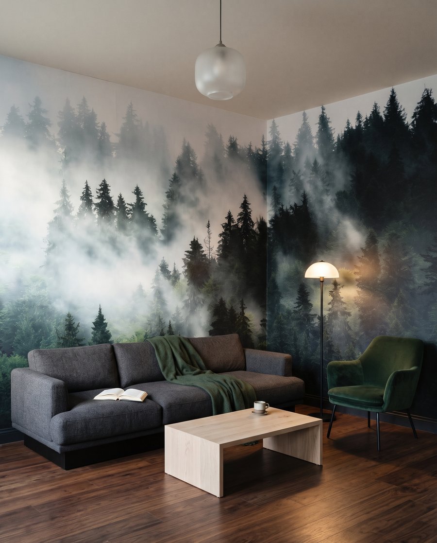 Brume entre les conifères dans un intérieur