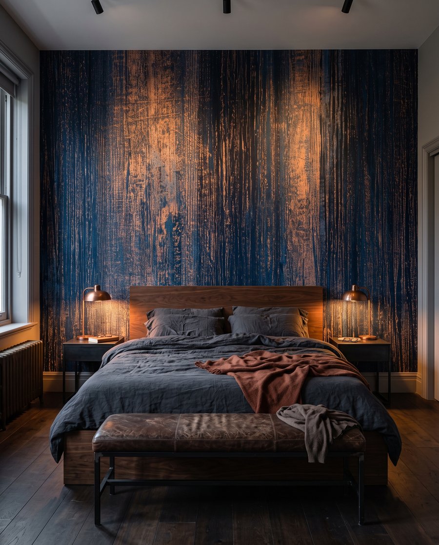 Bleu strié de rouille dans un intérieur