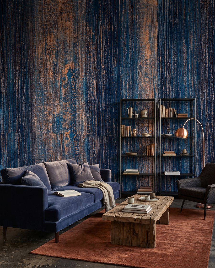 Bleu strié de rouille dans un intérieur