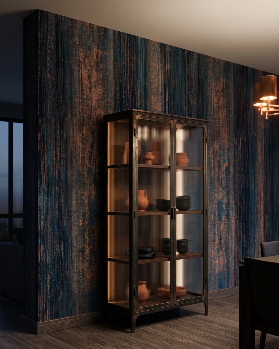 Bleu strié de rouille dans un intérieur