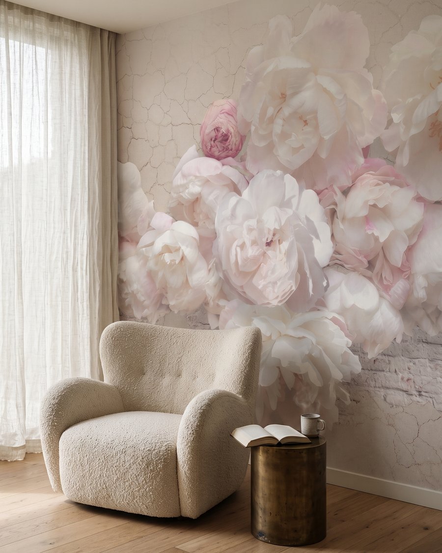 Roses sur blanc craquelé dans un intérieur