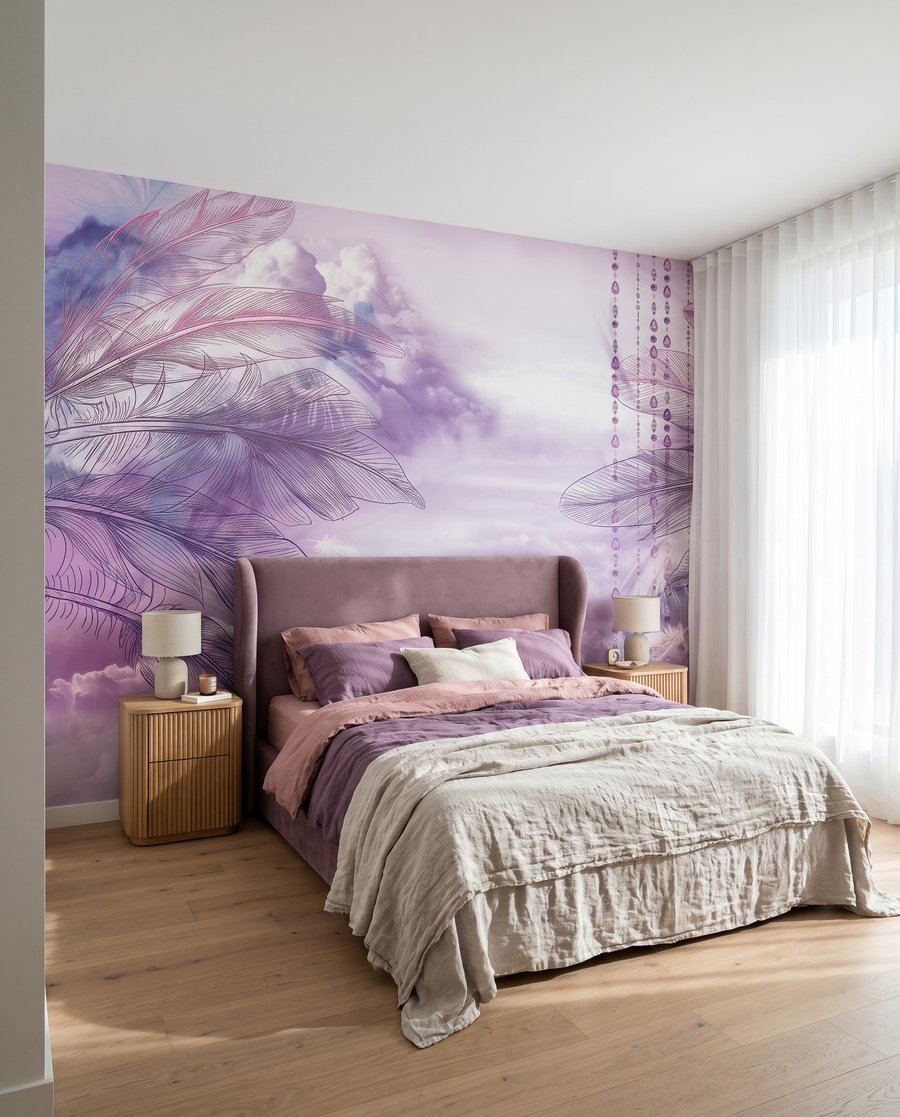 Balançoire violette et plumes dans un intérieur