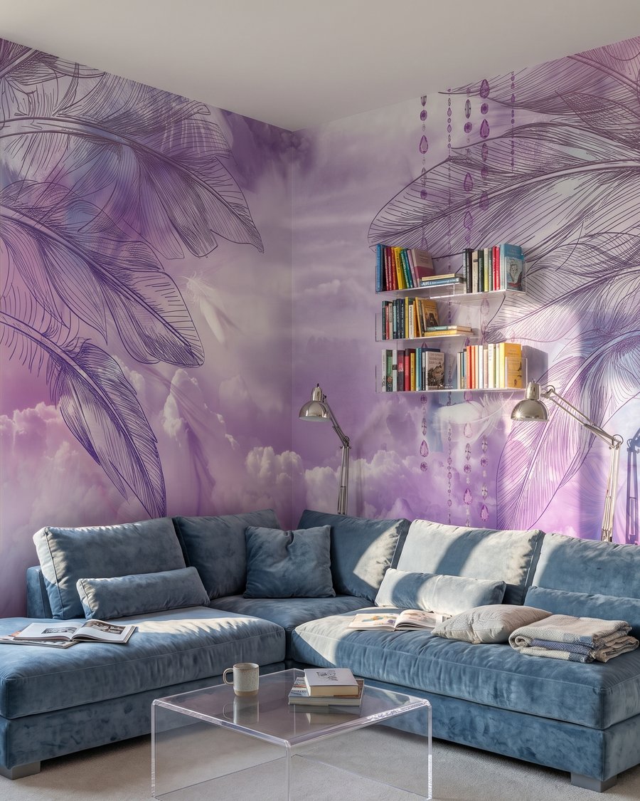 Balançoire violette et plumes dans un intérieur