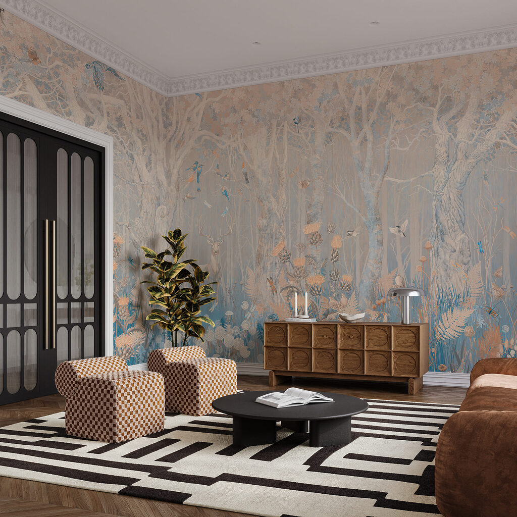 Forêt pâle et fleurie dans un intérieur
