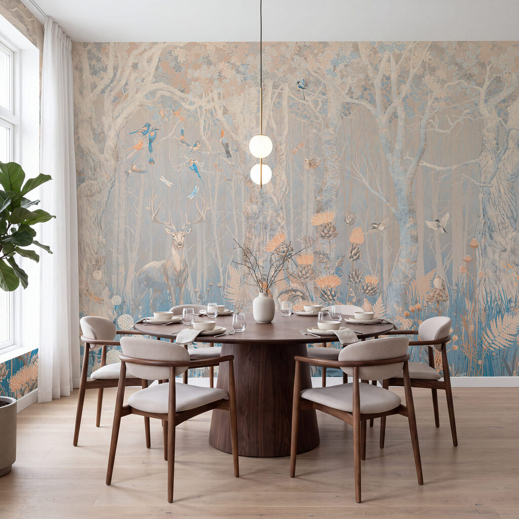 Forêt pâle et fleurie dans un intérieur