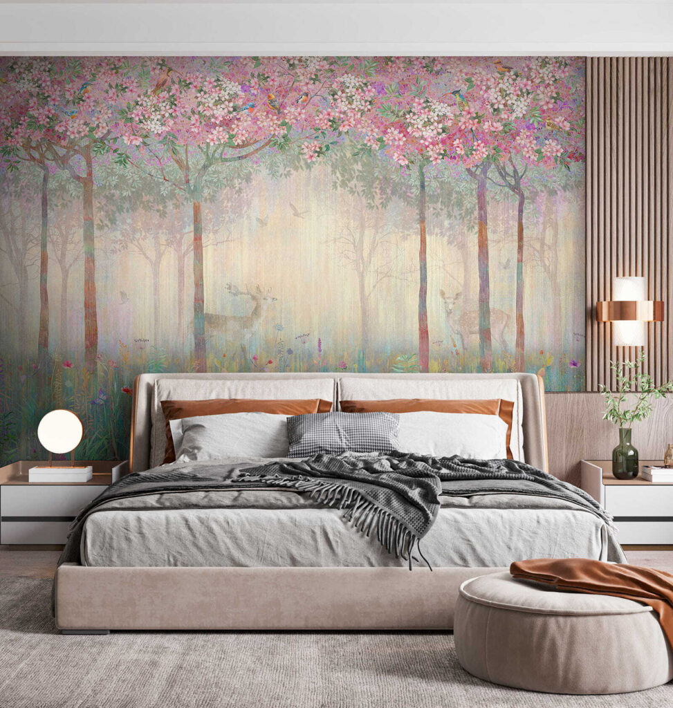 Cerf en forêt fleurie dans un intérieur