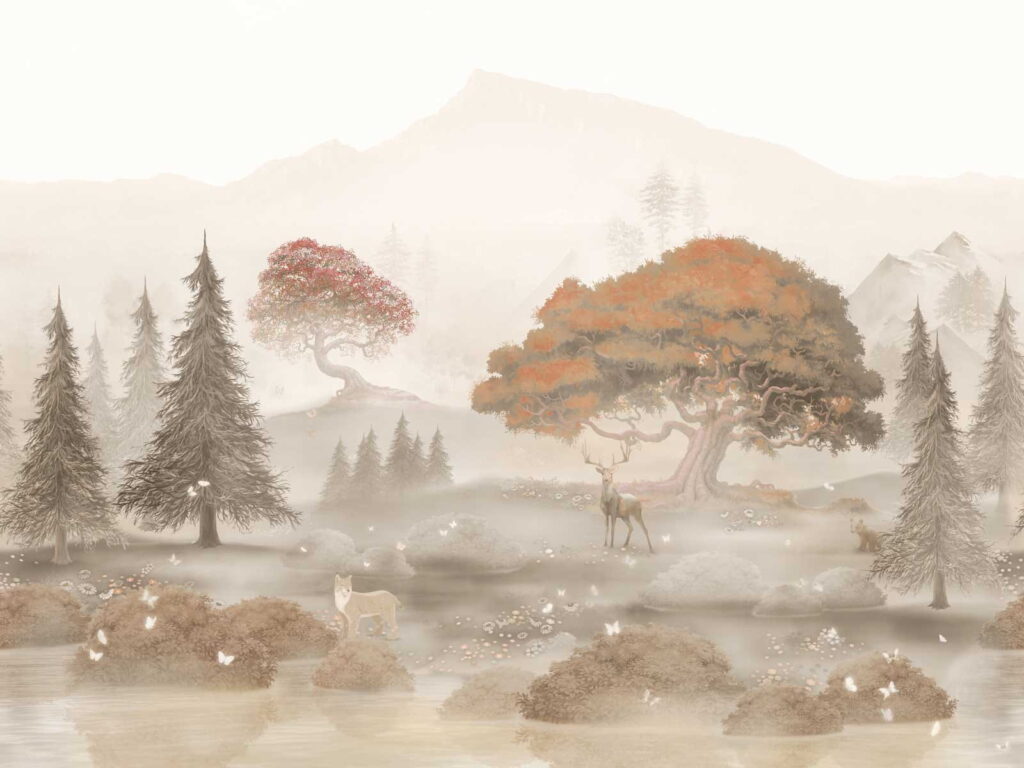 Forêt et montagnes lointaines — motif complet