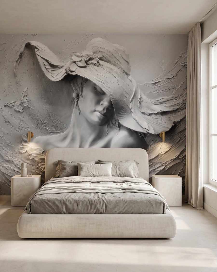 Femme au chapeau ondulé dans un intérieur