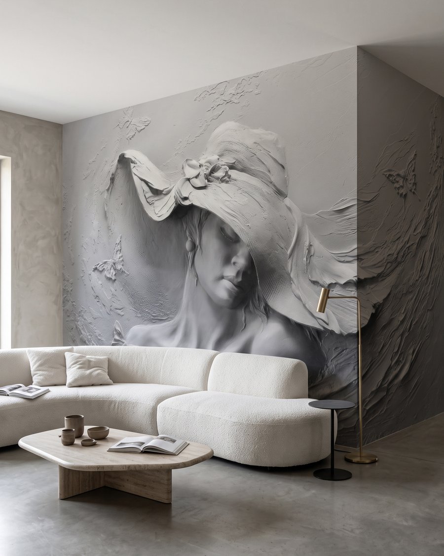 Femme au chapeau ondulé dans un intérieur