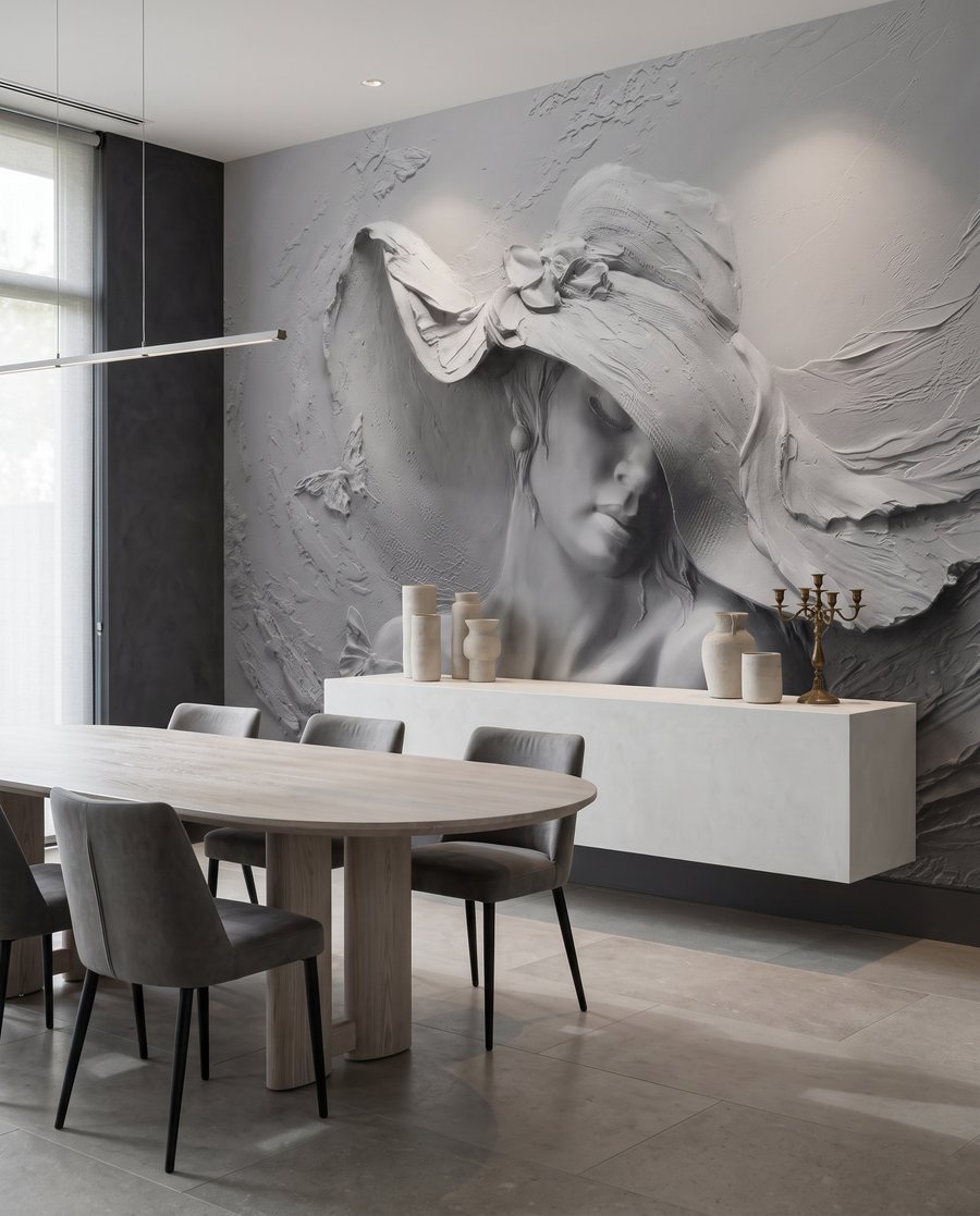 Femme au chapeau ondulé dans un intérieur