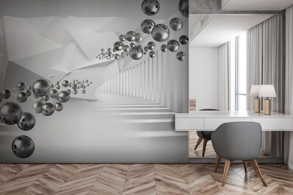 Sphères dans la blancheur dans un intérieur