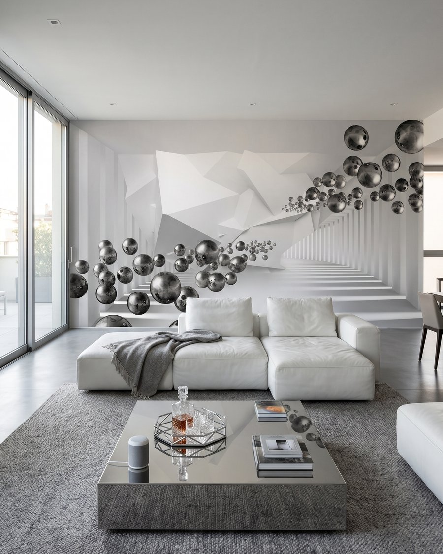 Sphères dans la blancheur dans un intérieur