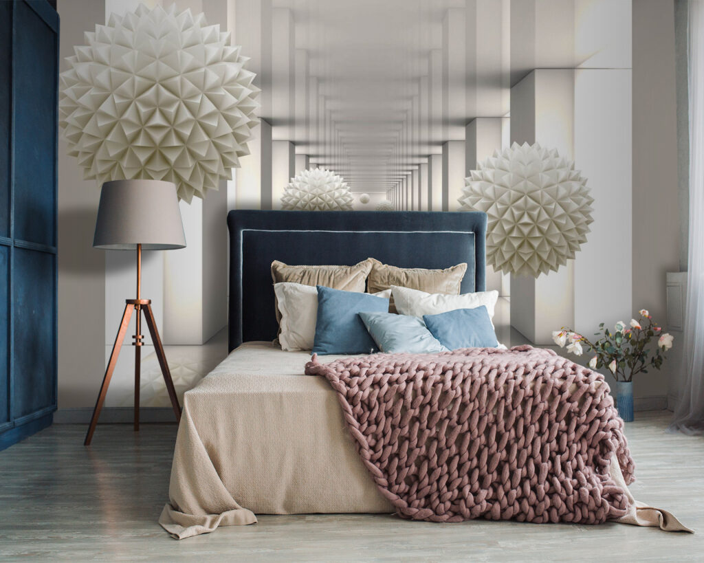 Sphères blanches et colonnes — intérieur 1