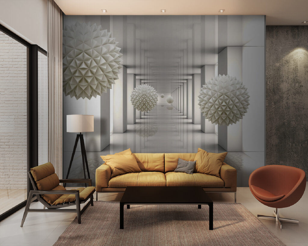 Sphères blanches et colonnes — intérieur 3