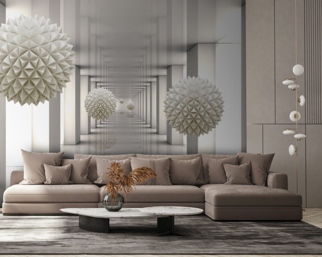 Sphères blanches et colonnes — intérieur 5
