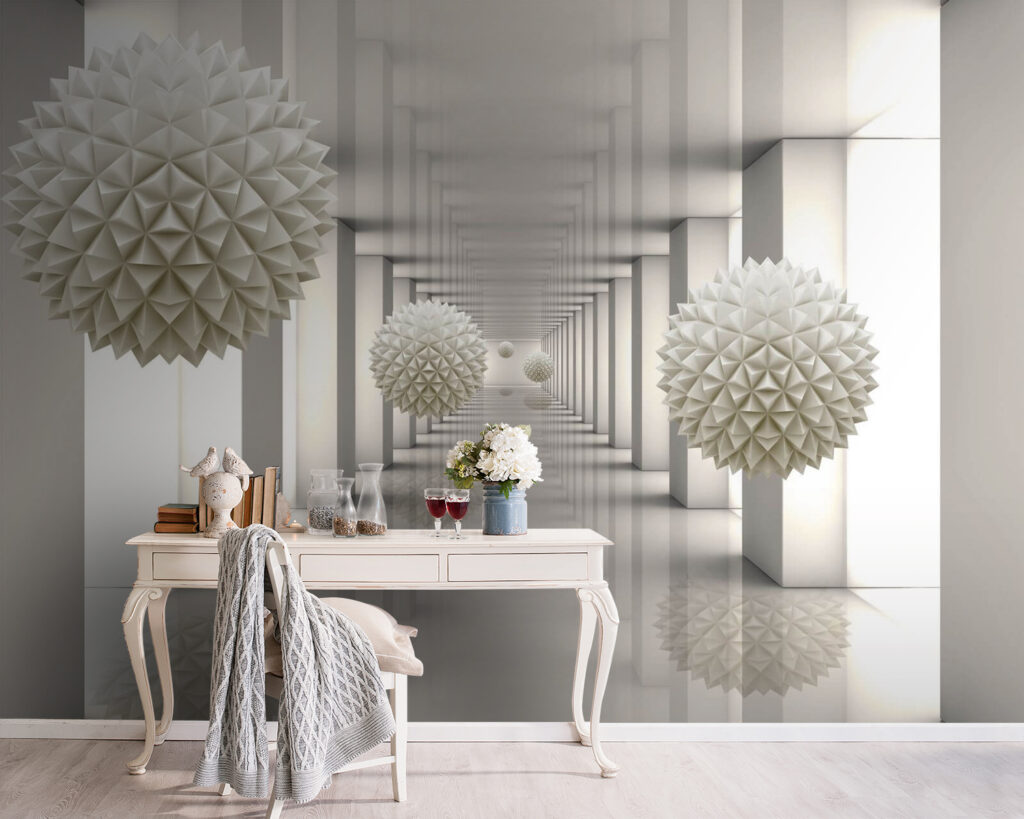 Sphères blanches et colonnes — intérieur 4