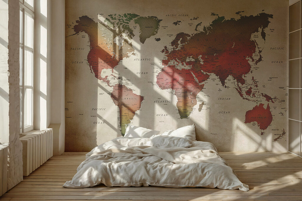Mappemonde aux tons terre dans un intérieur