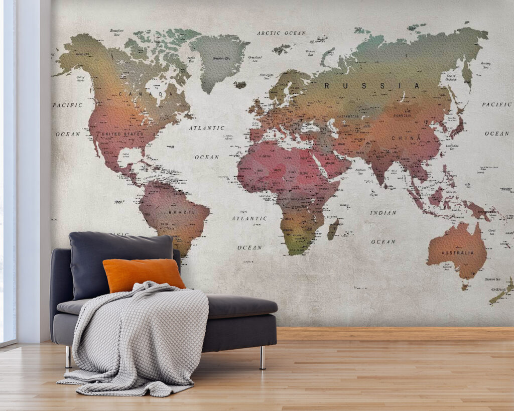 Mappemonde aux tons terre dans un intérieur