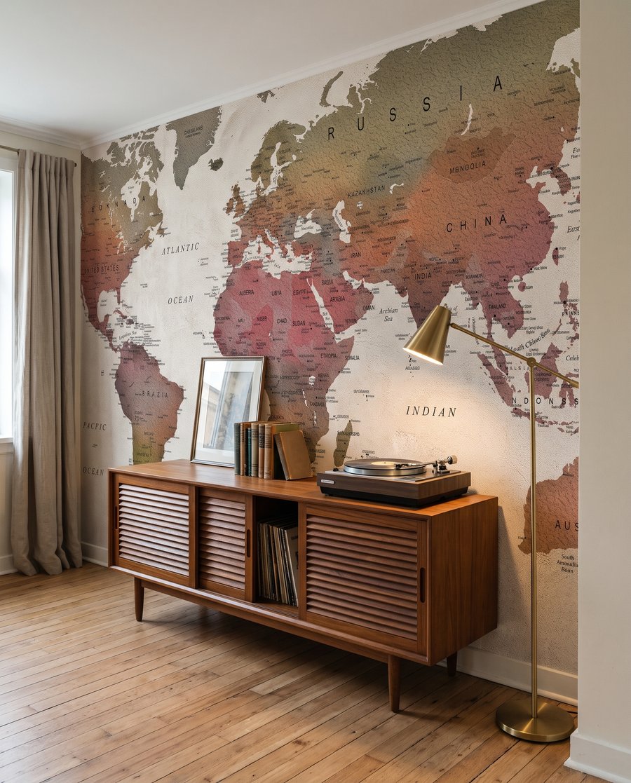 Mappemonde aux tons terre dans un intérieur