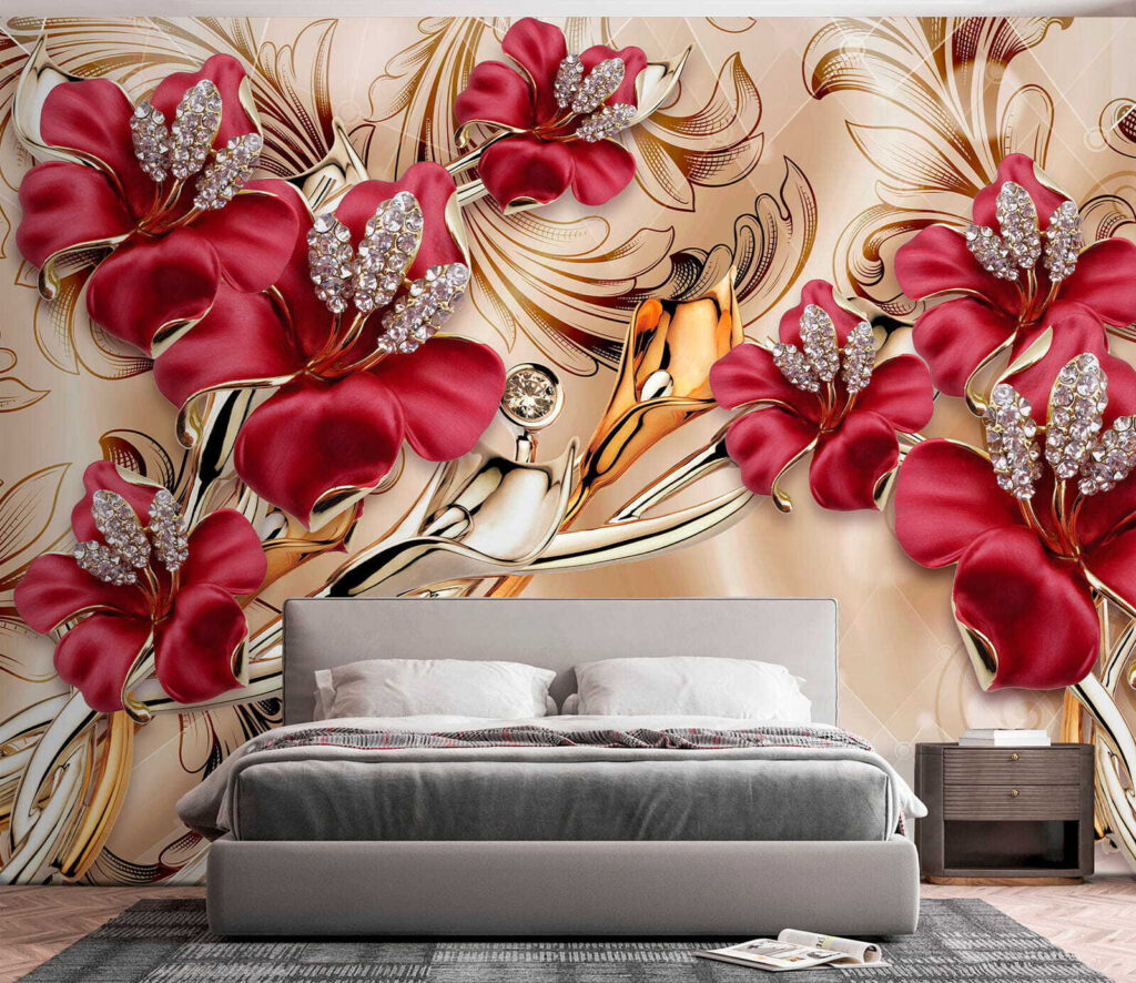 Fleurs bordeaux, volutes d’or dans un intérieur