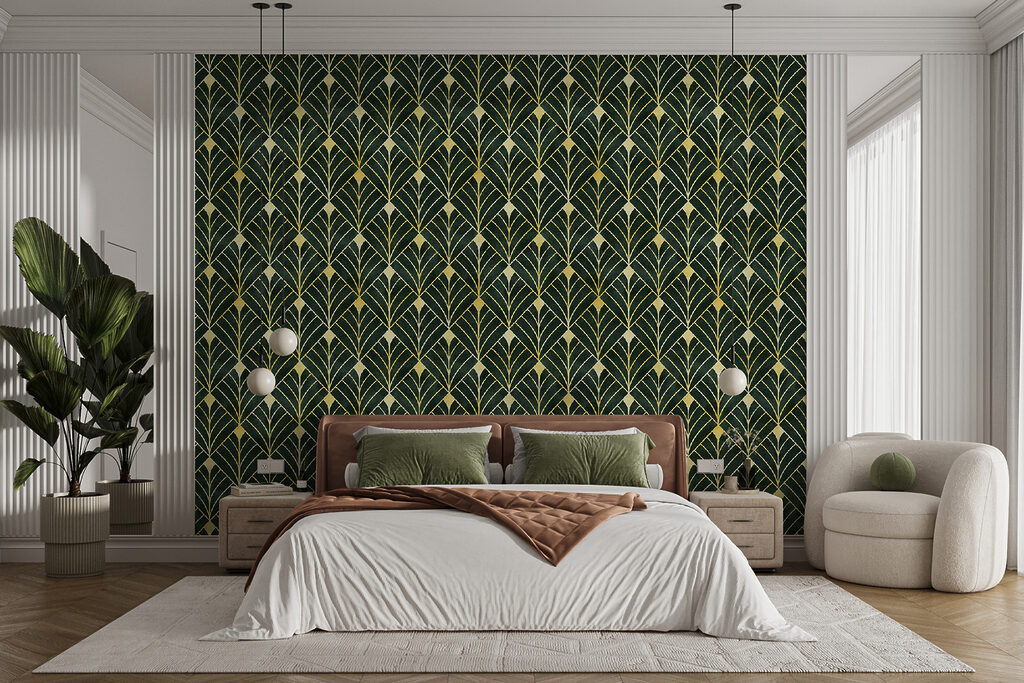 Éventails verts, lignes dorées dans un intérieur