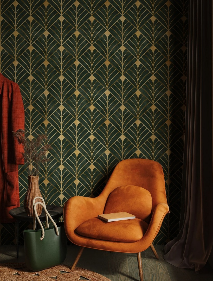 Éventails verts, lignes dorées dans un intérieur