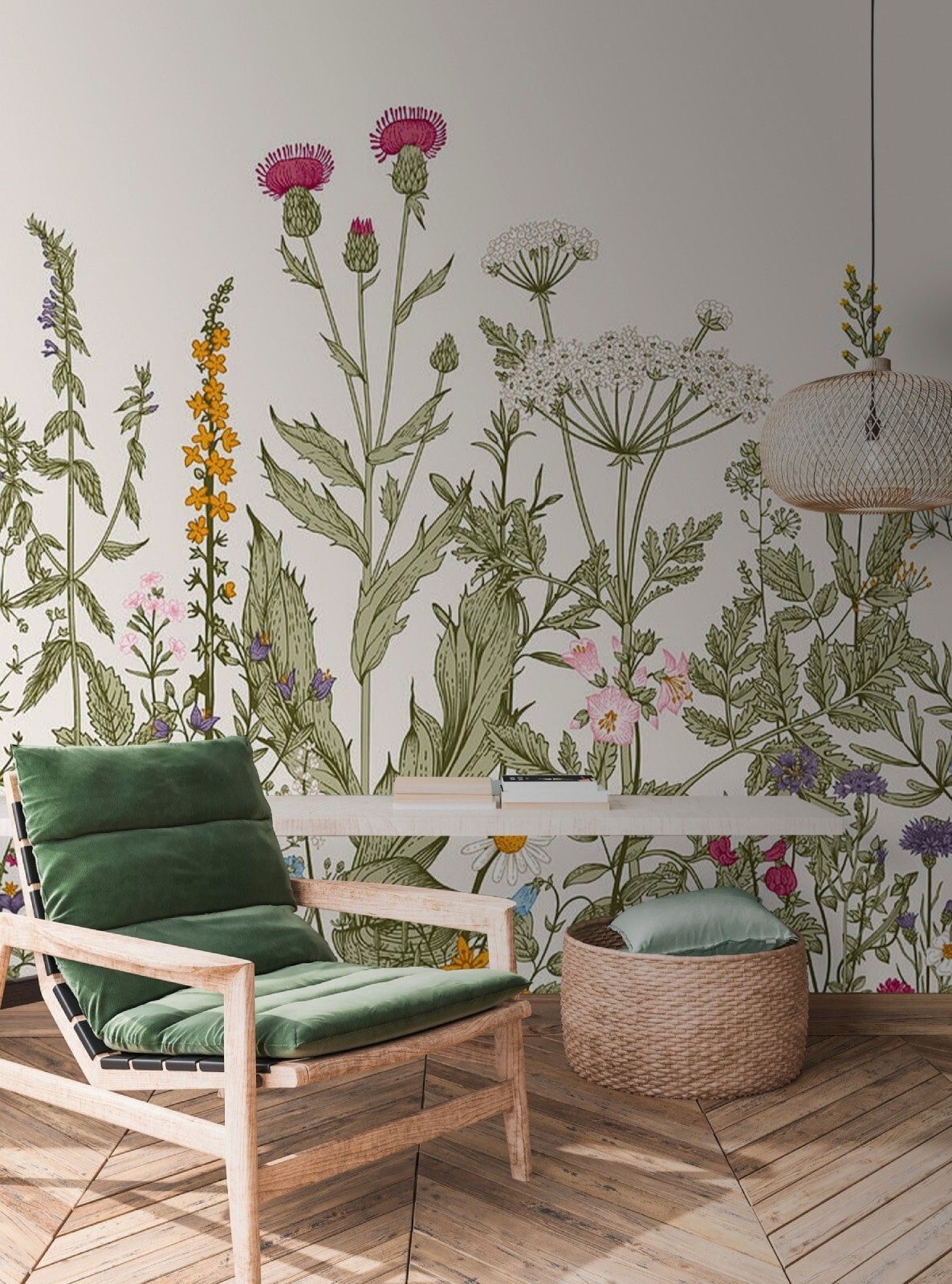 Fleurs sauvages, ciel rose dans un intérieur
