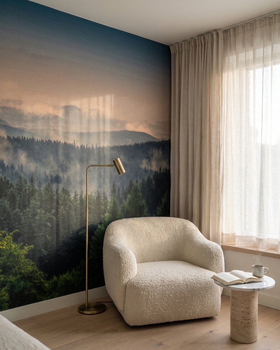 Crépuscule sur les pins dans un intérieur
