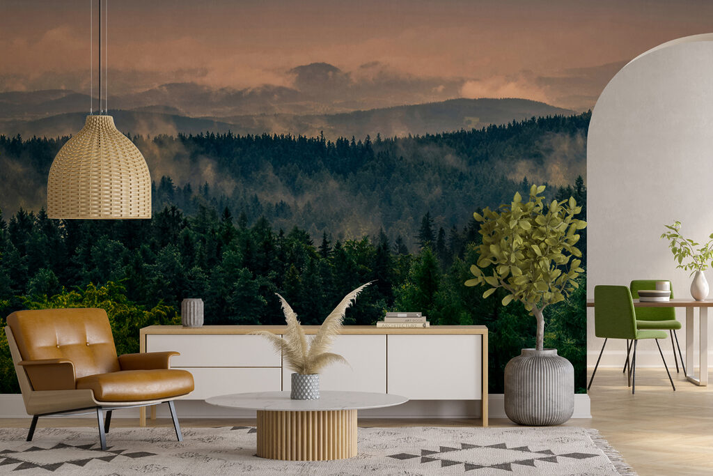 Crépuscule sur les pins dans un intérieur