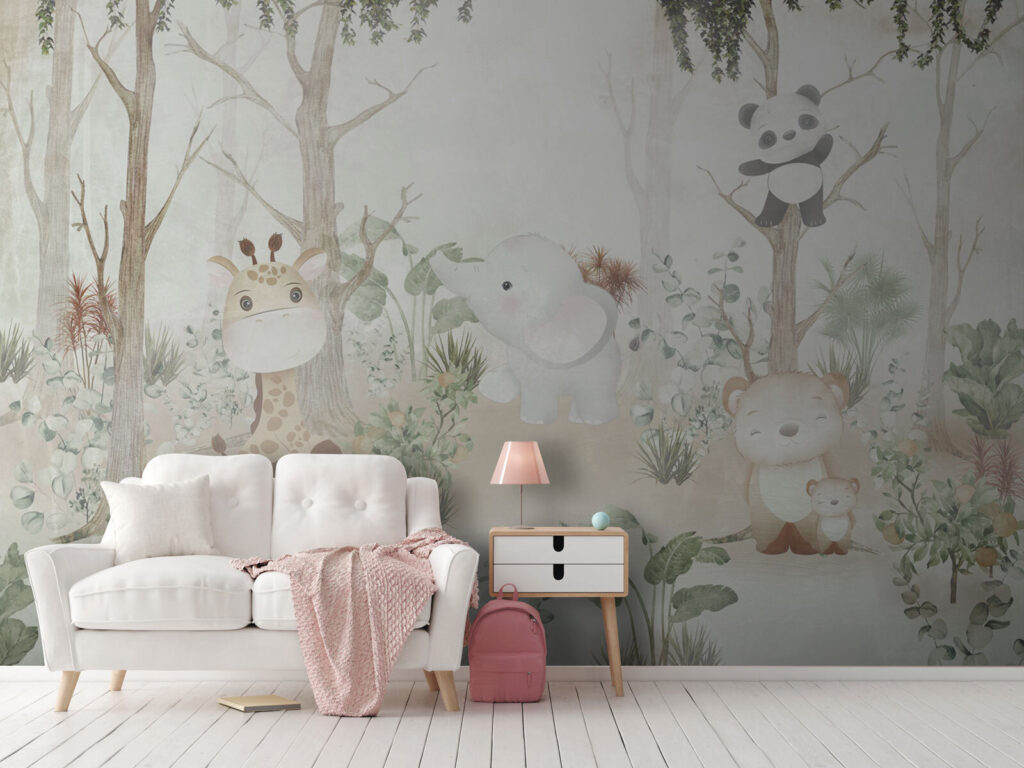 Animaux et arbres pâles dans un intérieur