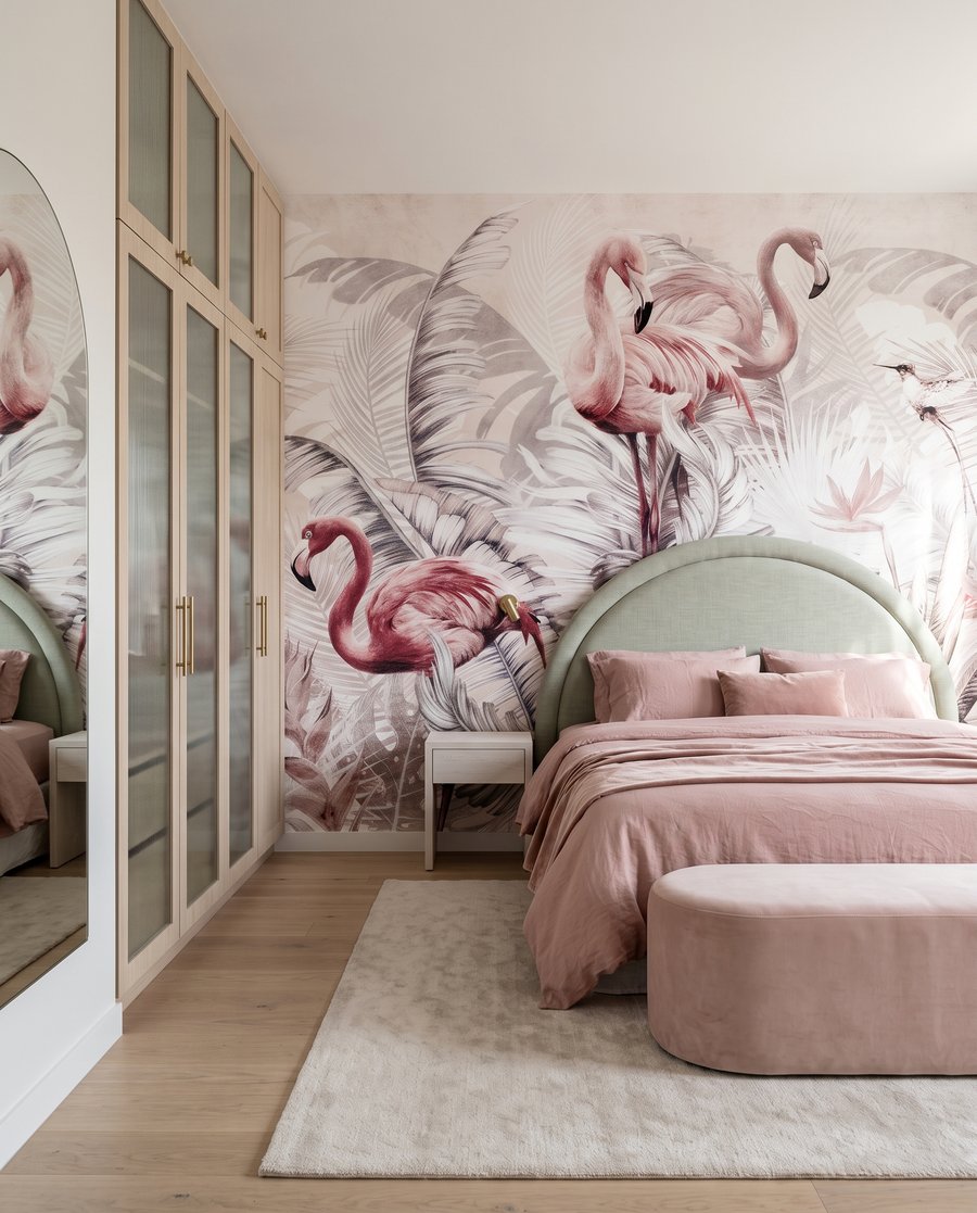 Flamants et branches grises dans un intérieur