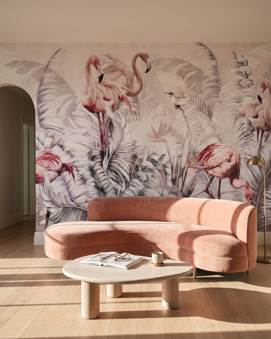 Flamants et branches grises dans un intérieur