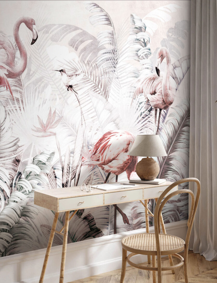 Flamants et branches grises dans un intérieur