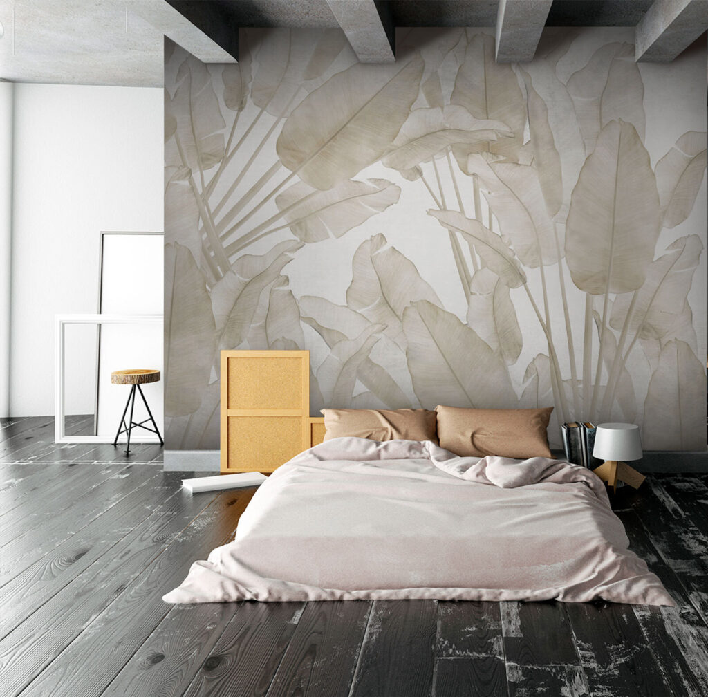 Feuilles tropicales couleur sable dans un intérieur