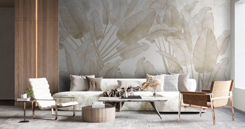 Feuilles tropicales couleur sable dans un intérieur