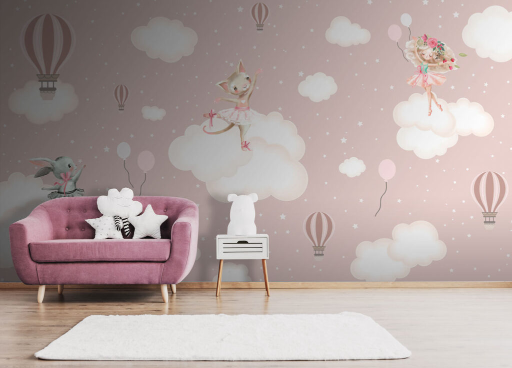 Animaux sur nuages roses dans un intérieur