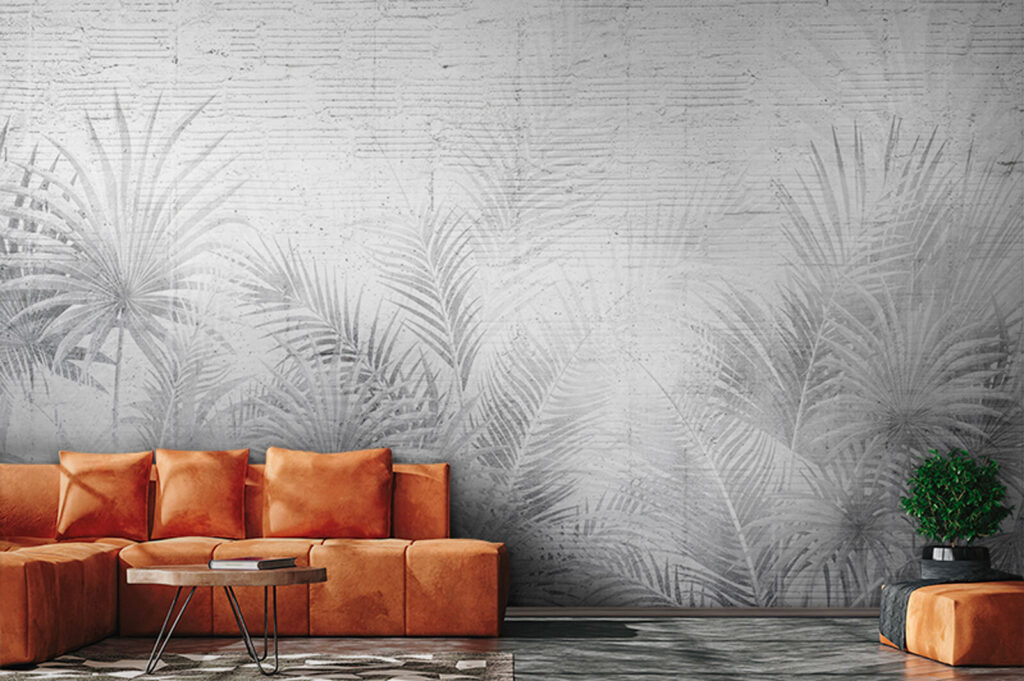 Palmes blanches sur brique dans un intérieur