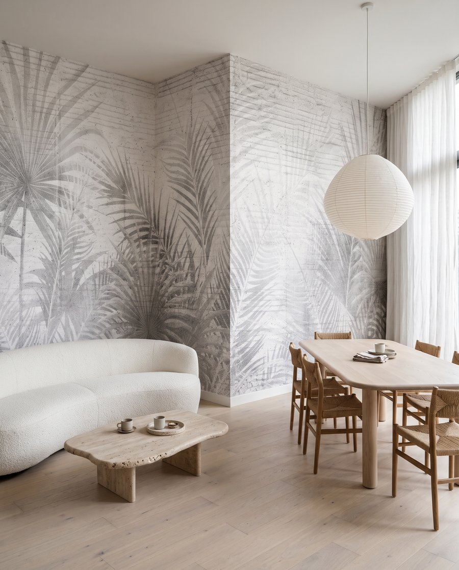 Palmes blanches sur brique dans un intérieur