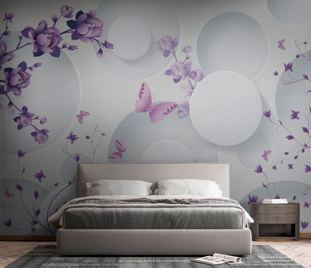 Fleurs lilas et cercles dans un intérieur