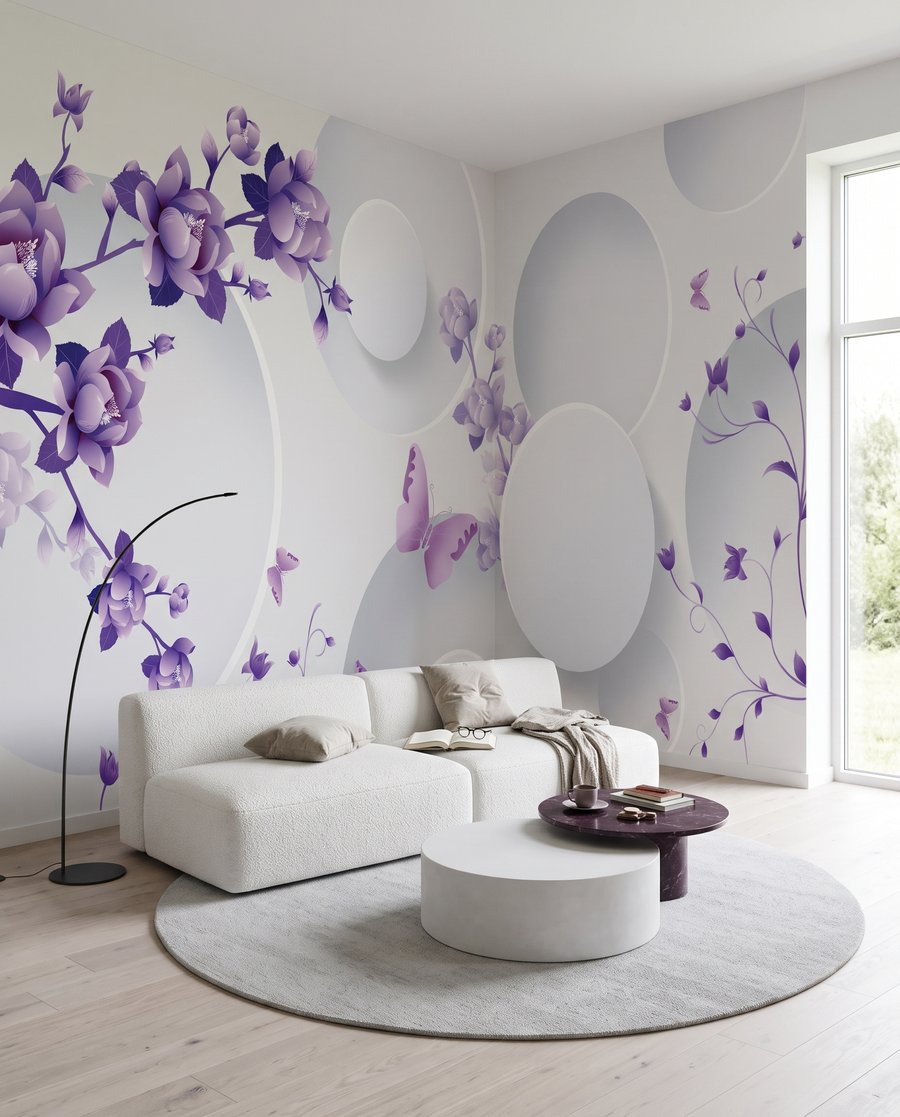 Fleurs lilas et cercles dans un intérieur