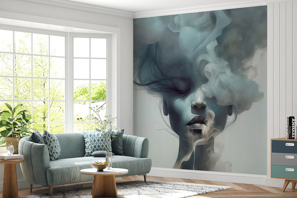 Visage voilé de bleu dans un intérieur